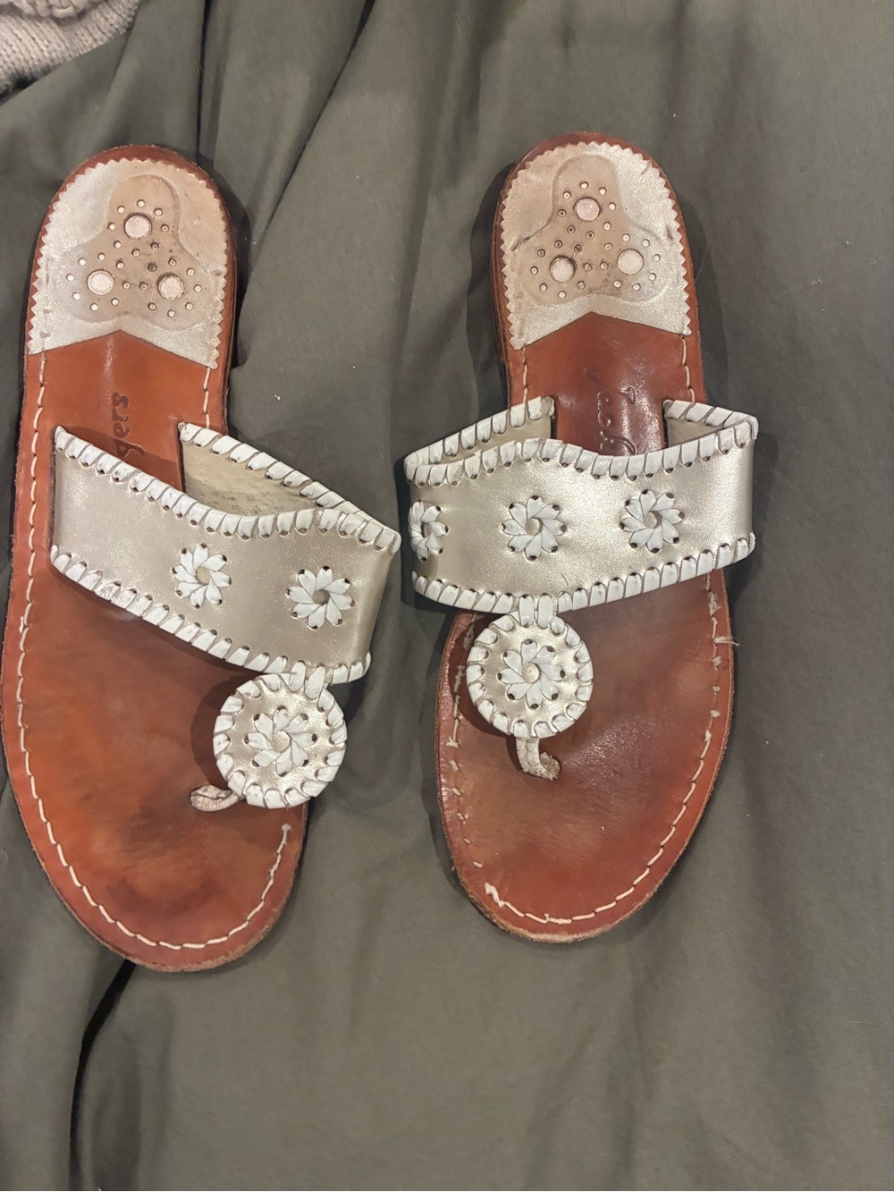 Jack Rogers Silver Leather Slide Sandals with Whipstitch Floral Medallion